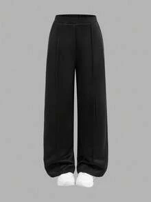 SHEIN Tween Girls Casual Fashion Versatile Letter Print Cropped Hem Fleece Hoodie And Relaxed Straight Leg Knit Pants Set, Suitable For Weekend, Casual Outing, Back To School, Outfit Girl, Fall Winter - Black and White - View 11