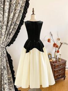 Vintamour Vintage klassisch elegantes Partykleid für Damen, Herbst/Winter, figurbetontes Patchwork-Kleid, Kleid mit Strass-Verzierung, Bootsausschnitt-Kleid, schwarzes Kleid, Samtkleid, ärmelloses Kleid, Kleid mit extra-weitem Saum