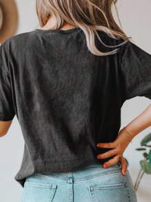 EMERY ROSE Plus Size Halloween T-Shirt, Plus Size Casual Streetwear Graphic Tee, Cute Summer Top, Vacation Vibe - Dark Grey - View 2