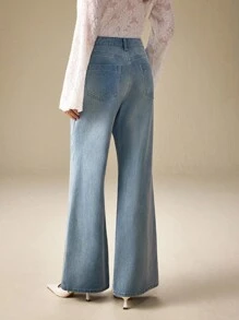SHEIN LUNE Jeans de campana con bordado floral casual para mujer - Azul - Ver 2