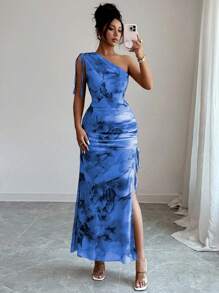 Rafferiza 女式优雅无袖花卉印花网眼高开衩连衣裙 - 霧霾藍 - 查看 6