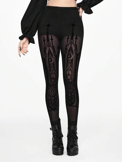 EDITION Gothic Palace Flocked Sheer Leggings For Women, Halloween