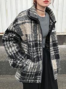 FRIFUL Women's Plaid Warm Drop Shoulder Casual Zip-Up Jacket Oversized Jacket Plaid Jacket Winter Coat Grey Jacket Checkered Jacket