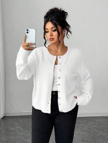 Elenzga 大码休闲纯色金色纽扣长袖开衫