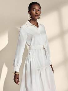 Almamuse Women's Fashion Asymmetric Hem Shirt Collar Long Sleeve White Dress Fall Cloth For Women - White - View 4