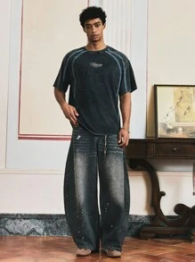 SWAVVY Men's Summer Short Sleeve Round Neck T-Shirt With Whole Piece Snowflake Spray Printing Pattern, 2000s Style