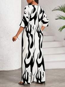 SHEIN Lady Women's Casual V-Neck Long Split Top And Pants 2 Pieces Set - Black and White - View 2