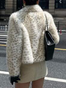 DAZY 女士宽松休闲人造毛皮夹克，豹纹街头风格优雅人造毛皮大衣冬季 - 米色 - 查看 3