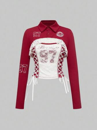 ROMWE Avant Set de 2 piezas con top de tirantes estilo deportivo vintage y top de manga larga con parche de encaje y bordado de números