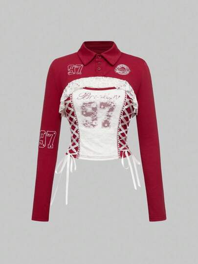 ROMWE Avant 2 pièces Ensemble de femme avec débardeur style vintage sport et top à manches longues avec patchwork en dentelle et broderie numérique