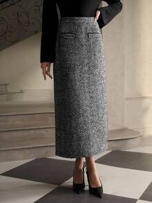 ZEYLAH 厚花呢A字裙，秋冬 - 灰色 - 查看 4