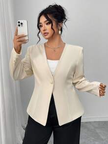 Elenzga Plus Size Single-Breasted Cinched Waist Casual Jacket, Suitable For Daily Commute, Autumn Winter Fall - Apricot - View 3