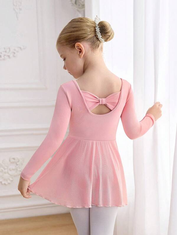 Vestido de ballet de manga larga color rosa para niñas, con cuello redondo y diseño fruncido en el frente, diseño lindo de lazo en la espalda, falda de malla suave y ligera con broche en la entrepierna, alta elasticidad y amigable con la piel, adecuado para baile, yoga y ropa deportiva