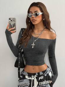 Coolane Girls Fall/Winter Daily Wear Essentials Knit Stretchy Comfy Asymmetrical Neck Long Sleeve Tops Gray Crop Top