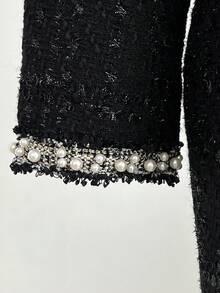 Elamini 复古优雅珍珠蕾丝拼布高端女士短夹克和吊带裙套装 - 黑色 - 查看 6