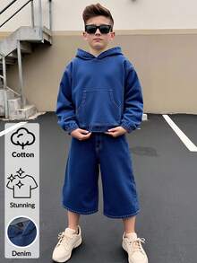 Denimly Boys' Casual Daily Urban Street Personalized Hoodie, Elastic Waist Zipper Closure, Comfortable Washed Denim Loose Fit Jeans Two Pieces Set - Medium Wash - View 3