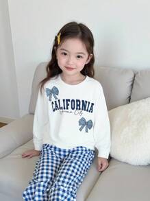 女童蝴蝶结字母印花长袖上衣，搭配格子睡裤 - 白色 - 查看 3