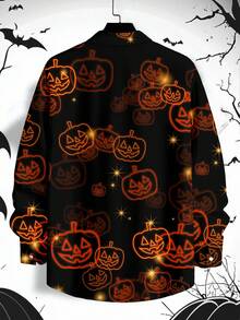 Manfinity Homme Kemeja Lengan Panjang Slim Fit Kasual Motif Kepala Halloween untuk Pria, Musim Gugur - Hitam - View 2