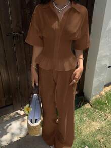 SHEIN EZwear 摩卡棕色女式梭织短袖衬衫 - 摩卡棕 - 查看 4