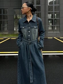 DAZY Women's Autumn Collared Waist Cinched Denim Dress - Blue - View 4