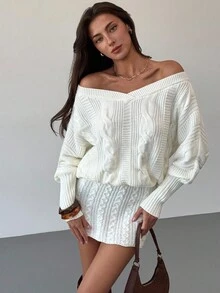 Aloruh Rochie mini pulover cu mânecă lungă, tricotată, stil vintage, cu umeri goi, sexy, mulată, stil toamnă/iarnă