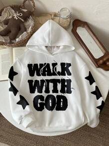 Slaydiva Áo nỉ dày dáng rộng tay dài in họa tiết tối giản, thoải mái dành cho nữ, phù hợp cho mùa thu/đông, in hình "Đi cùng Chúa" - trắng - Xem 5