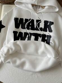 Slaydiva Áo nỉ dày dáng rộng tay dài in họa tiết tối giản, thoải mái dành cho nữ, phù hợp cho mùa thu/đông, in hình "Đi cùng Chúa" - trắng - Xem 7