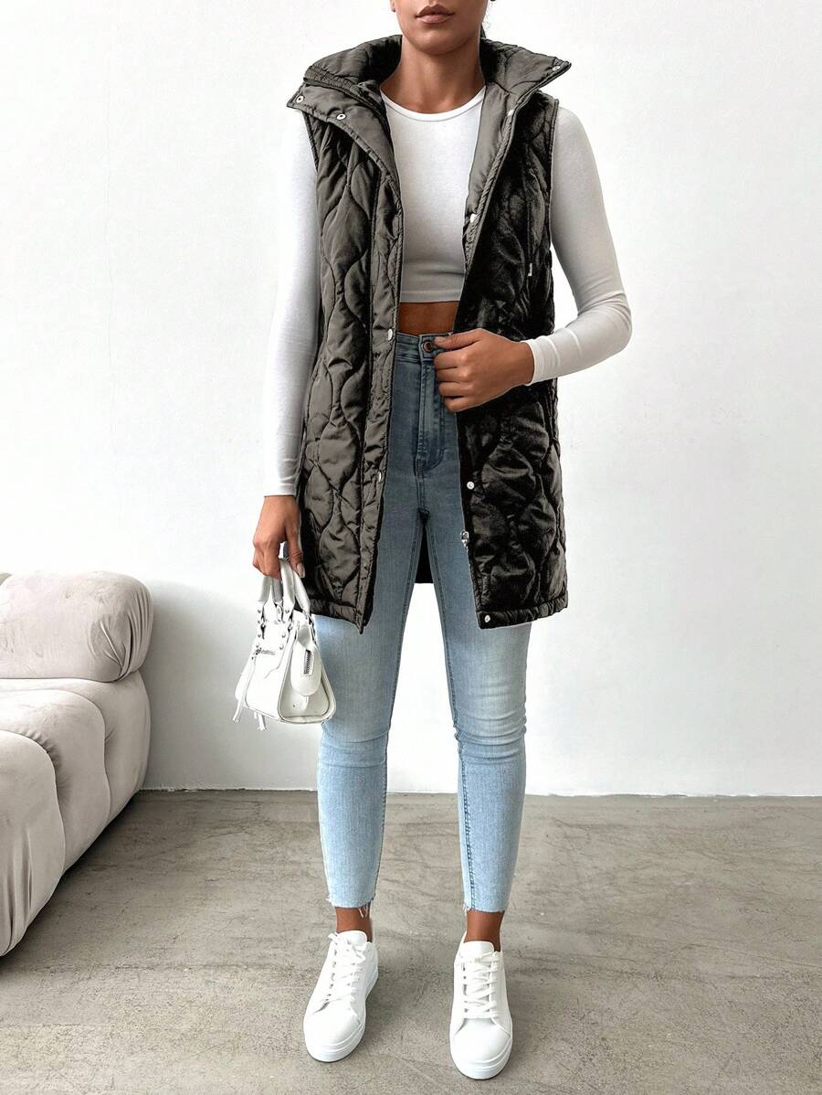 EURMUSE Zip Up Snap Button Hooded Vest Quilted Coat - Black - View 1