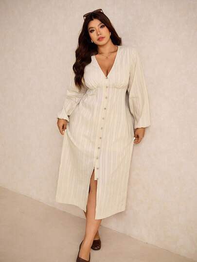 Elaquor Plus Size Women V-Neck Lantern Sleeve Single-Breasted Casual Dress