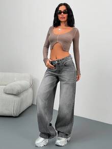 EURMUSE Women Jeans Y2k Jeans Two Piece Outfit Woman 2 Piece Outfits For Women Wide Leg Jeans - Medium Wash - View 5