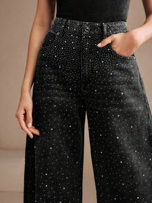 Anewsta Jeans sueltos de estilo callejero con bolsillos en diagonal, negros y con adornos de strass para mujer - Negro - Ver 1