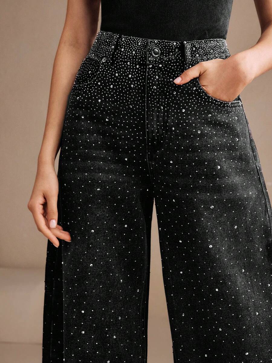 Anewsta Jeans sueltos de estilo callejero con bolsillos en diagonal, negros y con adornos de strass para mujer - Negro - Ver 1