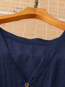 SHEIN LUNE Camisa de manga farol de unicolor informal de talla grande - Azul Marino - Ver 5