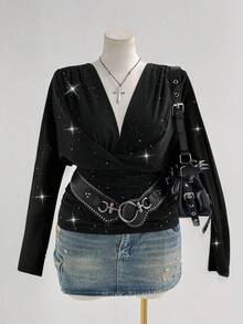 Sunspun Plus Size Women's Autumn/Winter Plunging Neck Sequin Bling Bling Black Elegant Vintage Cute Casual Chic Fitted Blouse Fall Cloth For Women - Black - View 1