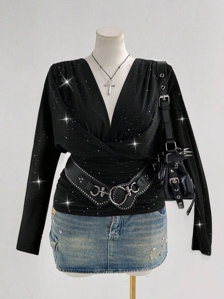 Sunspun Plus Size Women's Autumn/Winter Plunging Neck Sequin Bling Bling Black Elegant Vintage Cute Casual Chic Fitted Blouse Fall Cloth For Women - Black - View 1