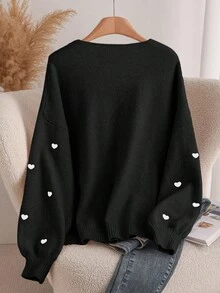 SHEIN CURVE+ Plus Size Women Heart Knitted Cardigan, French Elegant Fashion Autumn/Winter Sweater Cardigan, Off-Season Fall - Black - View 2
