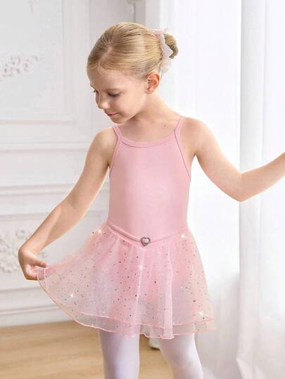 SHEIN Activewear de tutú de ballet rosa para niñas jóvenes, mallas de leotardo con volantes de red y lentejuelas para competencia de danza de niñas jóvenes, con 4 vías de estiramiento y alta elasticidad para danza infantil, falda de volantes con lentejuelas lindas para deportes infantiles