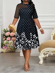 SHEIN Lady Vestidos de fiesta, boda y cóctel elegantes de contraste en blanco y negro de malla de talla grande, para primavera, verano, otoño e invierno