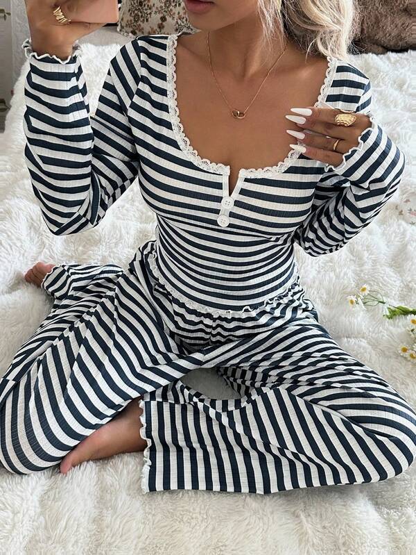 SHEIN ZzzCrew Lace Trim Scoop Neck 2-Button Striped Print Long Sleeve Top & Pants Pajama Set, Lounge Two Piece Set, Fall Winter Clothes Cozy And Elegant Details