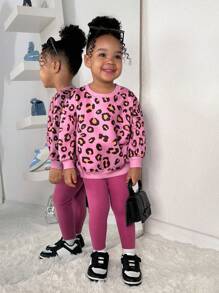 SHEIN 2pcs Baby Girl Casual Knit Leopard Print Sweatshirt & Elastic Waist Pink Pants Set, Autumn/Winter - Pink - View 5