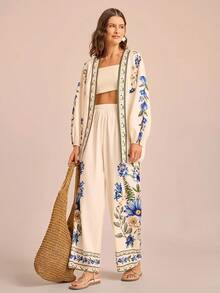 CAJUNI Women's Vacation Apricot Base Blue & Pink Daisy Floral Print, Elastic Waist Straight Leg Pants With Placement Print, Summer Vacation Trousers