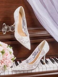 CUCCOO HITCHD 女士花卉刺绣蕾丝尖头细高跟鞋优雅甜美浪漫性感白色网眼女士高跟鞋礼服鞋、新娘鞋、时尚派对正式服装，适合婚礼、圣诞节、感恩节、万圣节、生日、情人节 - 白色 - 查看 2