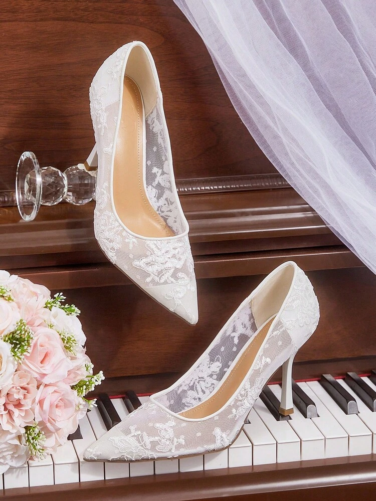 CUCCOO HITCHD Women's Floral Embroidered Lace Pointed Toe Stiletto High Heel Elegant Sweet Romantic Sexy White Mesh Lady's High Heel Dress Shoes, Bridal Shoes, Fashion Party Formal Wear, Suitable For Wedding, Christmas, Thanksgiving, Halloween, Birthday, Valentine's Day Elegant Shoes Wedding Shoes Summer Shoes Bride Shoes