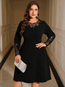 Gownix Plus Size Women's Black Round Neck Long Sleeve Lace Patchwork & Rhinestone Embellished Dress, Fashionable For Party Fall Clothes For Women  Fall Clothes Plus Size  Women's Fall Clothes  Fall Dress Fall Dresses For Women Fall Clothes For Women Autumn Clothes For Women   Going Out Outfit Tops For Going Out  Going Out Dress - Black - View 1
