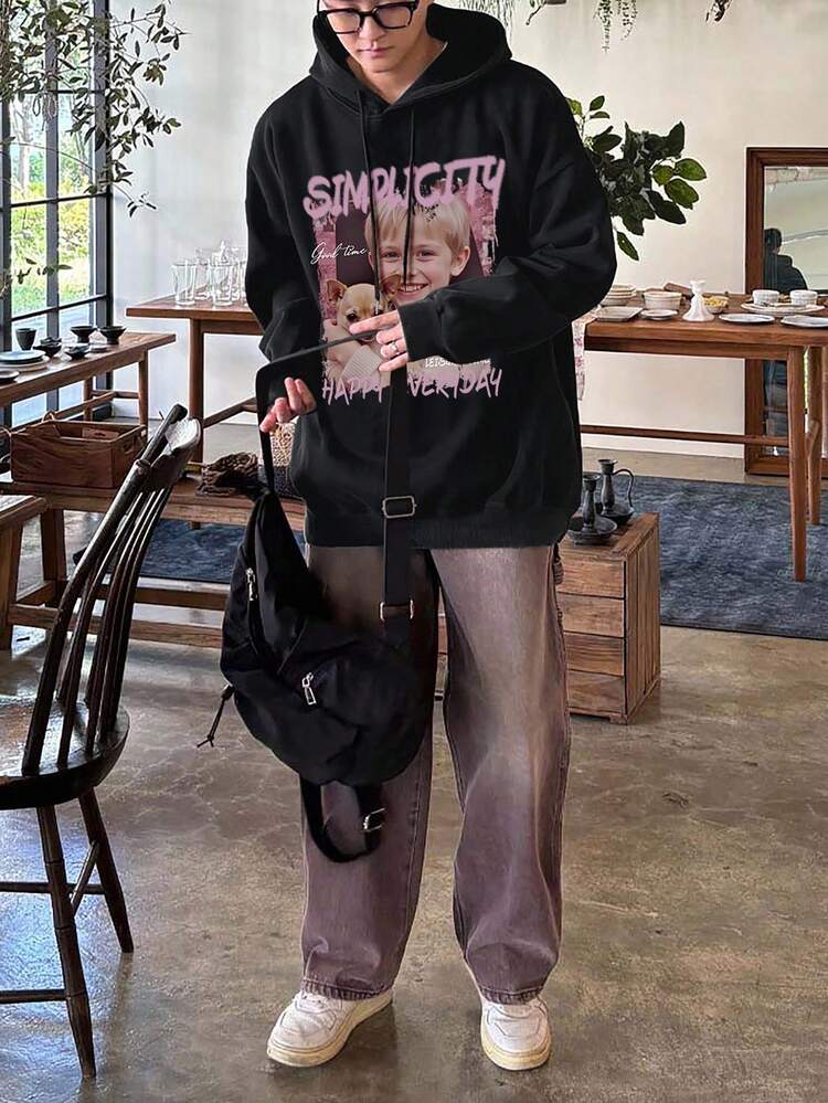 Men's Black Fleece Hoodie With Person & Pet Dog Graphic And Letter Print, Autumn,Winter