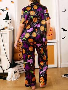 Chillnights Plus Size Halloween Cat & Pumpkin Print Pajama Set, For Halloween Party - Multicolor - View 2