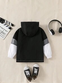 SHEIN Explorewe 一件男童时尚黑白灰拼接外套，面料柔软舒适，适合春秋季节、户外活动、上学等各种场合，带帽外套，秋冬季时尚百搭。 - 白色 - 查看 2