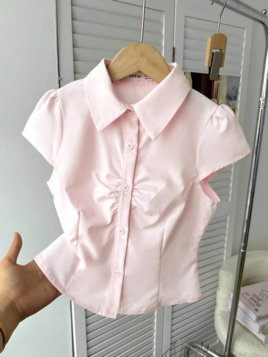 SHEIN Tween Girl Solid Color Short Sleeve Cardigan Shirt Baby Pink Summer Cute School Back-To-School,Girls Fitted Collared Button Down Blouse Ruffle Tops - Baby Pink - View 1