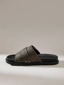 Solecia 2025 New Summer Outdoor Leather Flat Men's Sandals, Strap Design With Hook And Loop Closure