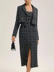 BELROSIE Conjunto de traje de tweed estilo británico, chaqueta blazer corta y falda larga, conjunto de 2 piezas - Negro - Ver 4